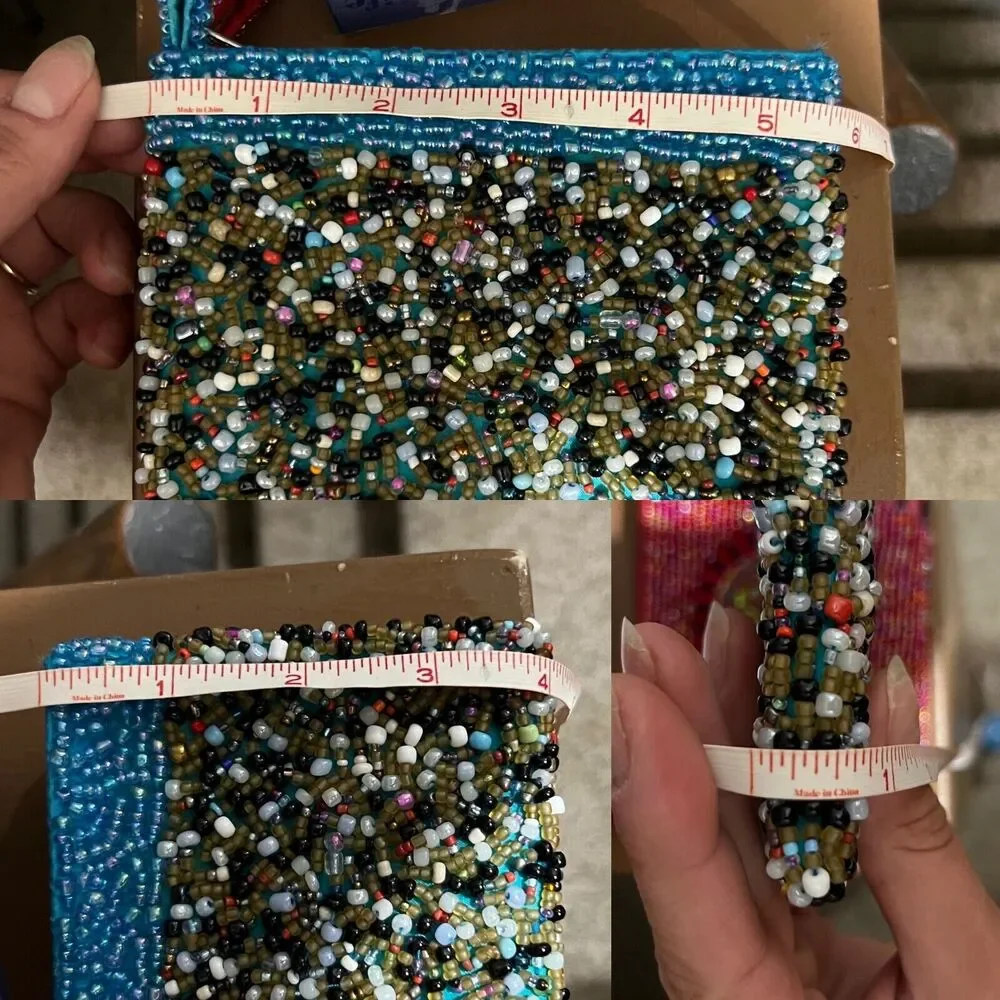 Beaded Blue, Gray, Pearl Zip Top Lined Clutch Purse, Change Purse